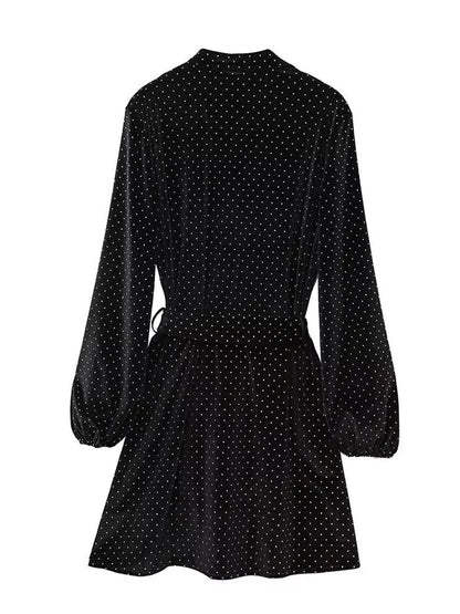 New Fashion Women Black Velvet Shirt Dress With Belt Long Sleeve Female Autumn Winter Mini Dress