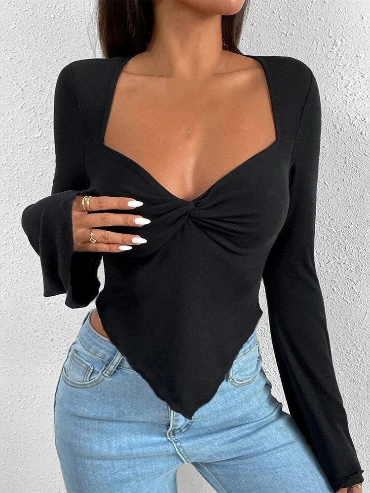 -Fall Outfits Long Sleeve Top  Long Flare Sleeve V-neck Low Cut T-shirts Tops for Women Front Ruched Criss-cross Solid Slim Fit Irregular Hem Tees