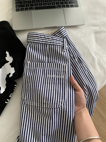 vmtvr Blue Striped Boxer Shorts Women's Commuting Fashion Casual Slimming A-line Wide Leg Pants Summer