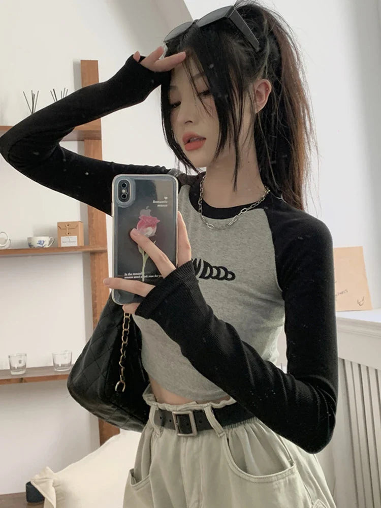 -Fall Outfits -Fall Outfits Long Sleeve Top -Patchwork Long Sleeve Tshirt Women Embroidery Crop Top Female Fashion O Neck Sexy Slim Tees Top Spring Ladies Basic T-shirts Y2K