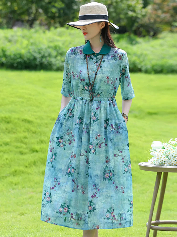 New Arrival Fashion Casual Loose Dress Drawstring Print Vintage Short Sleeve Women Summer Elegant Holiday Dresses Clothing