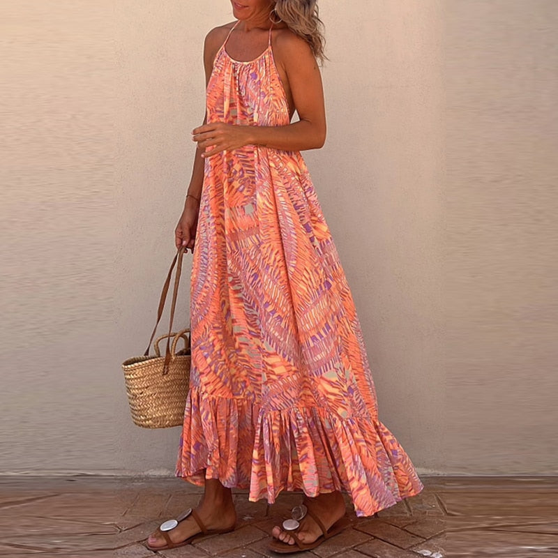 Vintage Casual Pattern Print Boho Long Dress Spring V Neck Tie-up Tassel Maxi Dress Women Big Backless Hollow Summer Beach Dress