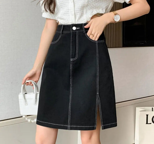 vmtvr Vintage Women Side Split Denim Skirts Pocket Ladies 2024 Summer A-Line Loose Casual High Waist Knee-Length Jeans Skirt