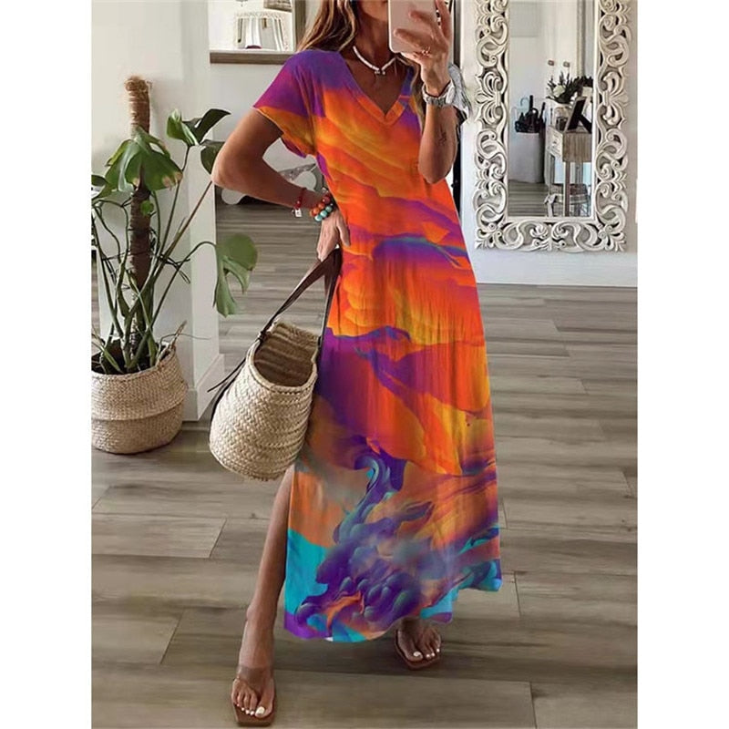 vmtvr Vintage Print Maxi Dress Women  Summer Elegant V Neck Short Sleeve Loose Split Casual Dress Female Party Boho Beach Vestidos