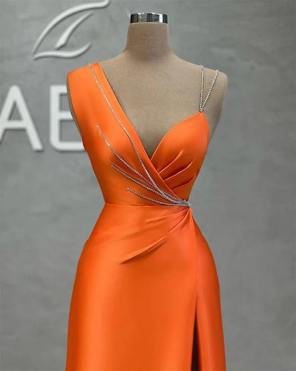 vmtvr  - Customized Bright Orange Mermaid with Pleated Irregular Neckline One Shoulder Bra Side Split Arabic Ball Party Evening Dress