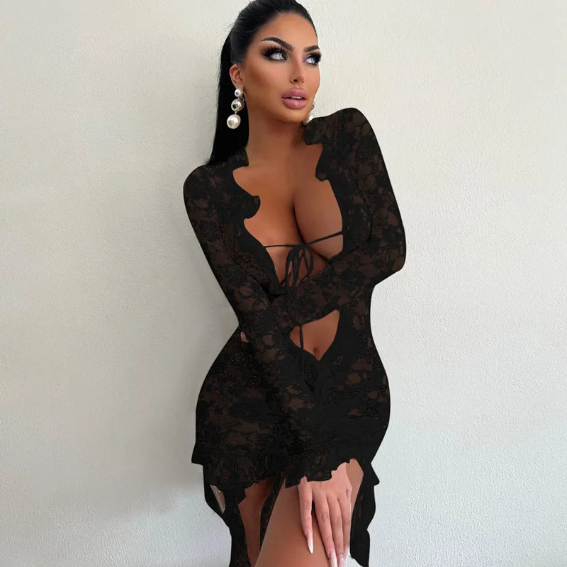 Fashion Lace Trim Sheer Tie Front Mini Dress Long Sleeve Fringe Outfits for Women Club Party Sexy Bodycon Dresses