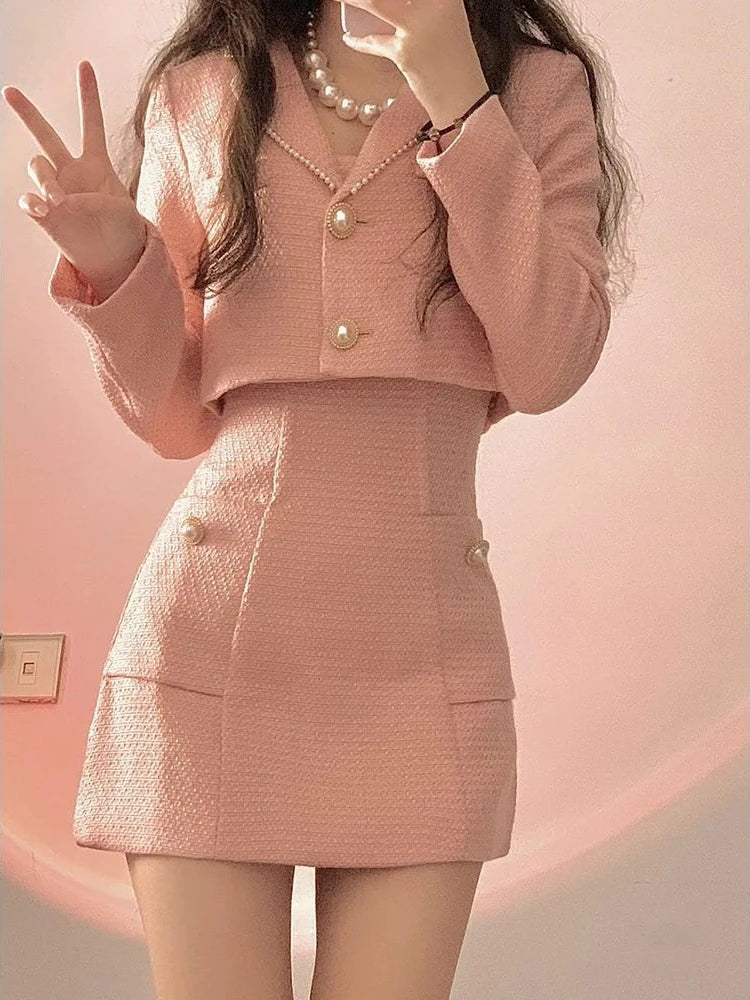 vmtvr -Autumn Pink Elegant Two Piece Set Women Korean Style Balzer Coat+Strap Mini Dress Set Female Solid Casual Slim Designer Set 2024