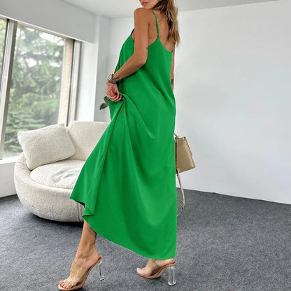 vmtvr 2024 Spring Summer V-neck Spaghetti Strap Dress Women Solid Loose Boho Long Dress Sexy Off Shoulder Sleeveless Hollow Maxi Dress