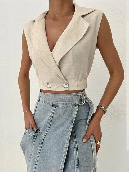 vmtvr 2024 Summer Women Solid Khaki Linen Tank Tops Sleeveless V-neck Vest Crop Tops For Women Female