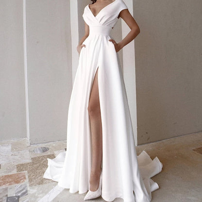 vmtvr Elegant Casual Women's Dresses Sexy V-neck Side Slit Backless White Long Skirt Wedding Banquet Bridesmaid Dress Evening Gown