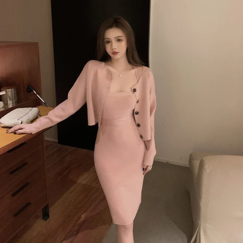 vmtvr Tow Piece Set Women Autumn Korean Slim Knitted Cardigan Coat+sexy Bodycon Strap Dress Office Lady Sashes Casual Sweater Set