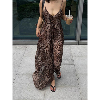 vmtvr  -  Leopard Print Open Back Sling Maxi Dress Women Sexy Off Shoulder Sleeveless Slim Vestidos Female Elegant Vacation Beach Robes