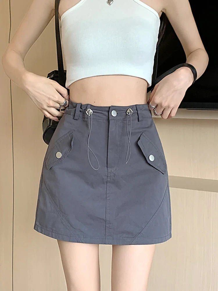 vmtvr Women Drawstring Cargo Skirt Fashion High Waist Preppy Style A Line Mini Skirt Summer Korean Casual All Match Sexy Skirt