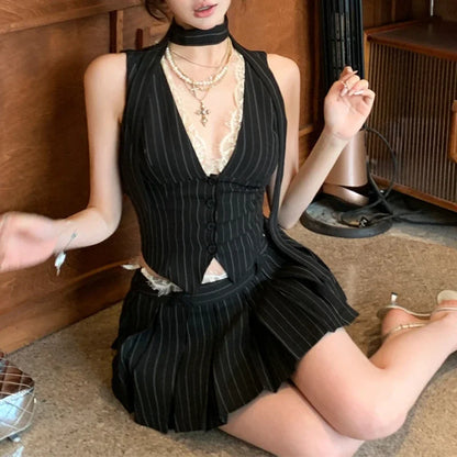 vmtvr 2024 Summer 2 Piece Skirt Set V-neck Lace Patchwork Striped Casual Camisole Women + High Waist Pleated A-line Skirt Vintage Suit