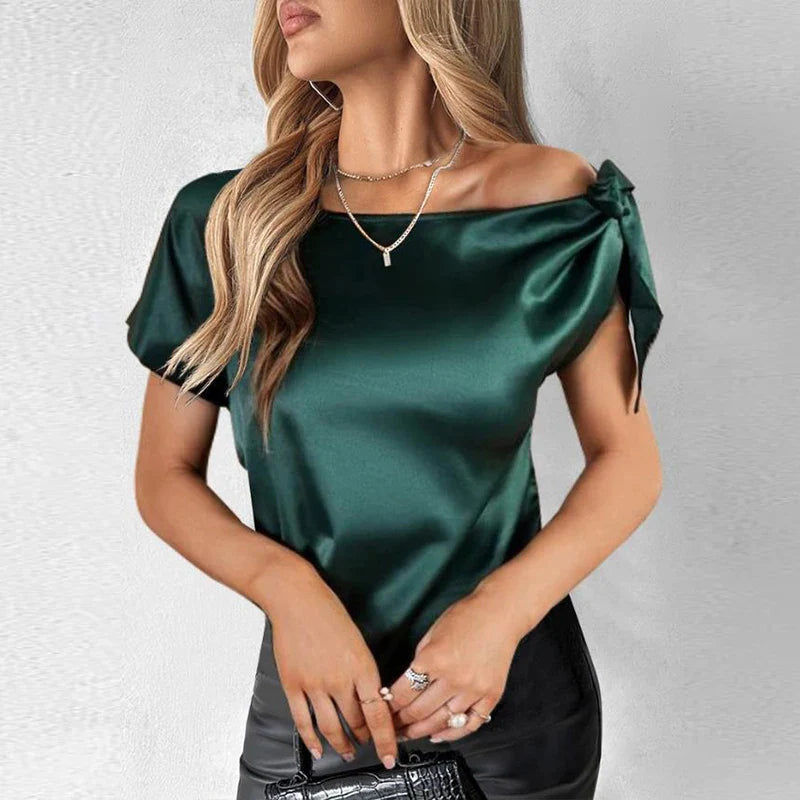 vmtvr Chic Fashion Solid Color Satin Party Blouses Women Sexy Slash Neck Lace-up Shirts Spring Summer Short Sleeve Hollow Top Pullover