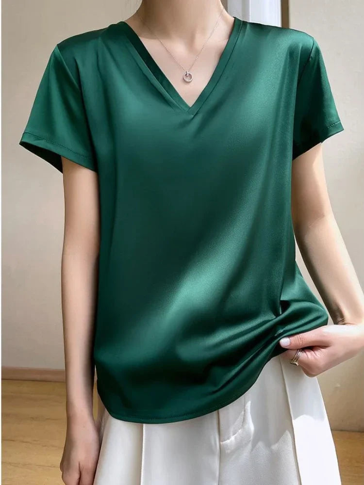 vmtvr Summer Women's T-shirt Korean Fashion Satin V-neck Tees Short-sleeved Casual LOOSE Solid Champagne White Silk T-shirts Women