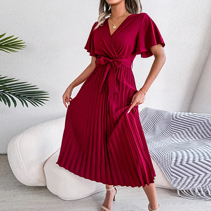 vmtvr Elegant Deep V-neck Short Sleeve Party Dress 2024 Summer Casual Solid Color Maxi Dress Women Fashion Pleated Long Dress Vestidos