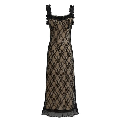 vmtvr   -  Lace Mesh Bodycon Midi Party Dress Women Apricot Ruffles Elegant Black Sexy Club Shealth Dress Robe Tank Dress