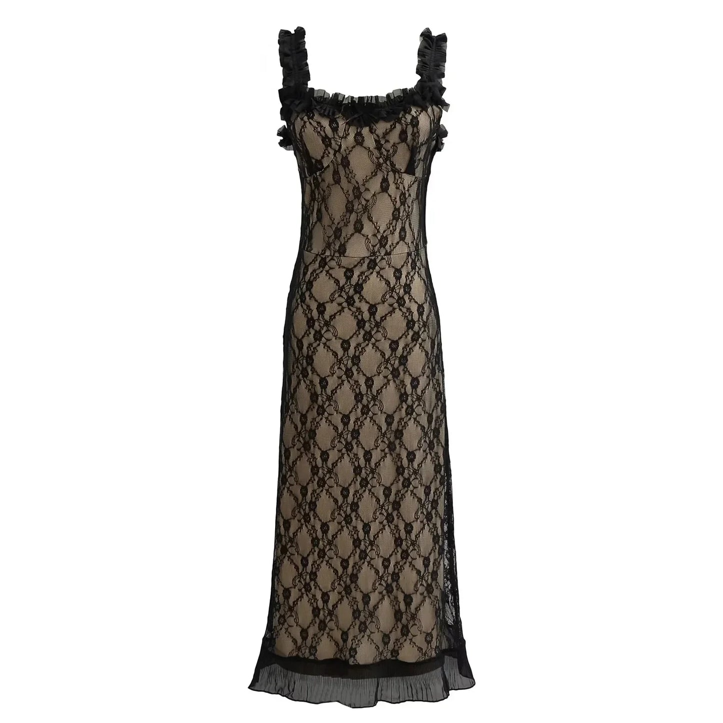 vmtvr   -  Lace Mesh Bodycon Midi Party Dress Women Apricot Ruffles Elegant Black Sexy Club Shealth Dress Robe Tank Dress