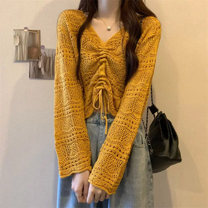 vmtvr Korean Simple Hollow Out Drawstring Knit Sweaters Women Spring Summer Solid V-Neck Lace Up Sweet and Spicy Sexy Design Short Top