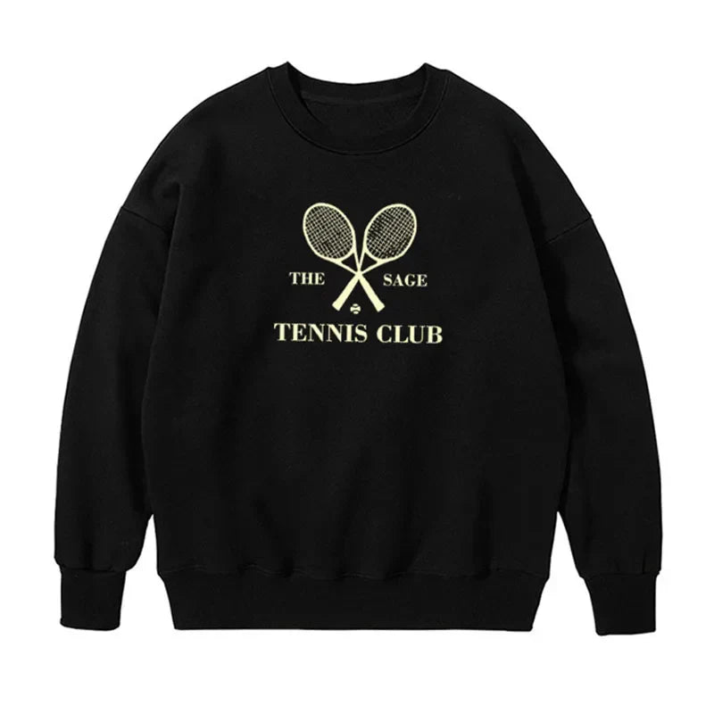 -Retro sports style outfit streetwear 90s fashion The Sage Tennis Club Letters Printing Vintage Style Black Sweatshirts Women Loose Cotton Crewneck Casual Long Sleeve Pullovers