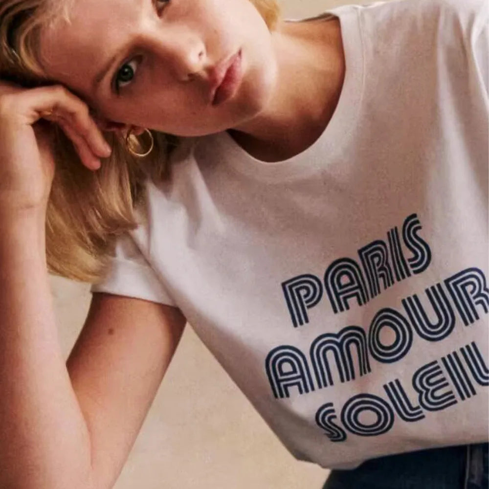 -Retro sports style outfit streetwear 90s fashion Paris Amour Soleil Letters Printing French Vintage Style White T Shirts Women Short Sleeve Loose Cotton Summer Tops Chic Tees