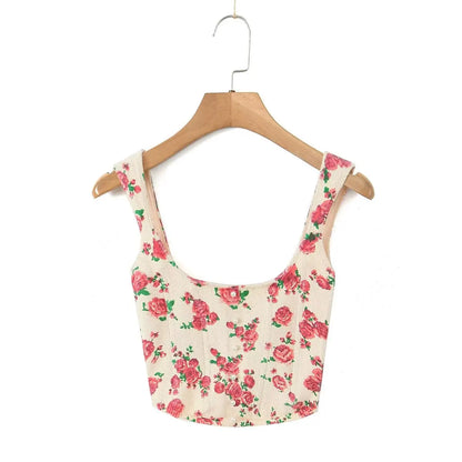 vmtvr Women French Style Floral Print Knit Camis Sexy Sleeveless Zipper Back Ladies Summer Tank Crop Top