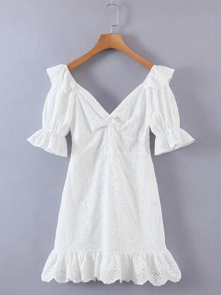 vmtvr  - Ruffles Puff Sleeve White Lace Dress Flower Embriodery Hollow Out Cotton Beach Dress Women Backless Party Mini Dress