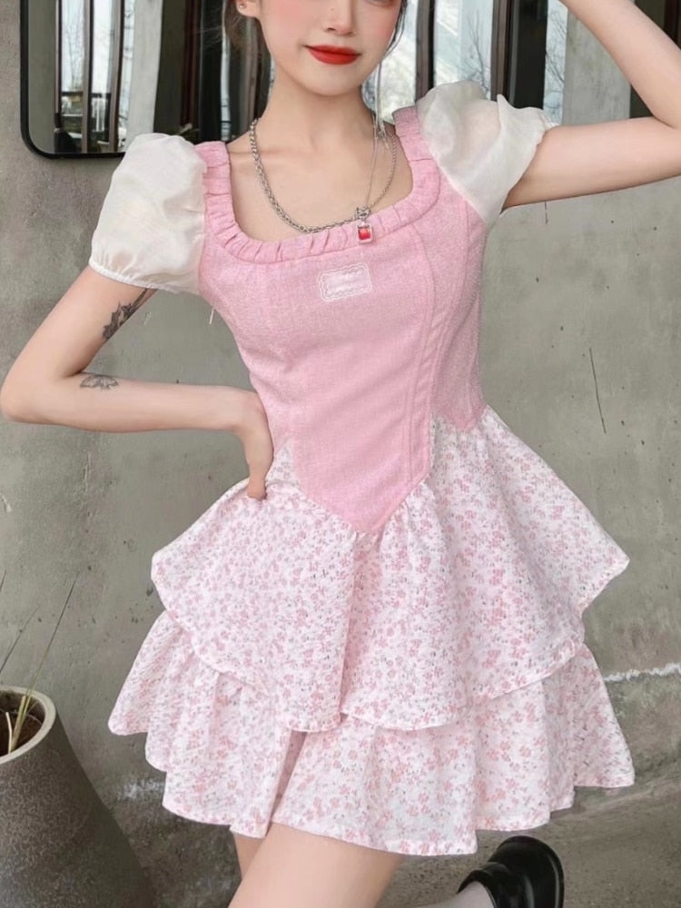 vmtvr - Elegant Sweet Dress Women Vintage Patchwork Party Mini Dresses Female Korean Fashion Holiday Square Collar Casual Dress Summer