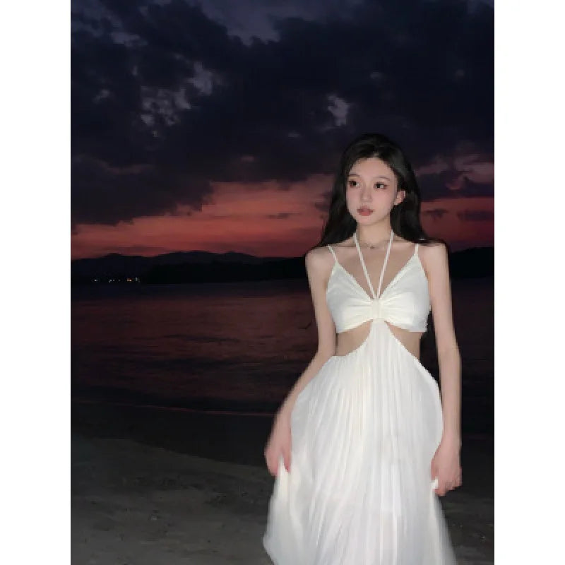 vmtvr  -  Sexy Pleated Boho Backless Spaghetti Strap Long Dress Women V-neck Vacation Beach A-line Ladies Robe Summer Casual Clothes