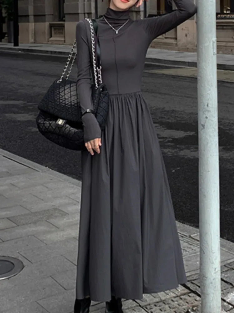 vmtvr New Fashion Casual A-Line Women Dresses Autumn Turtleneck Elegant Black Grey Midi Robe Chic Party Female Vestidos Mujers