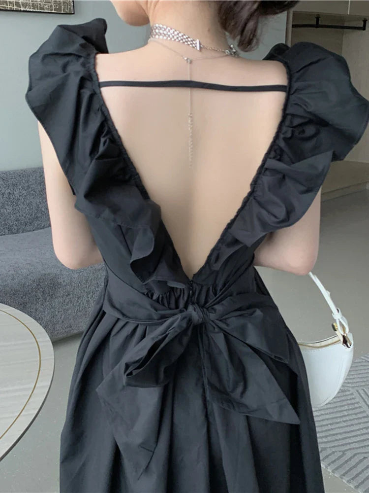 vmtvr High Waist Women Party Dress Elegant Black Summer Sleeveless A Line Tunic Ladies Dress Sexy Backless Bow Korean Vestidos