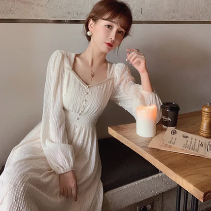 vmtvr  -  French Vintage White Midi Dresses Women Summer New Fashion Elegant Princess A-Line Clothes Long Sleeves Party Ladies Dress