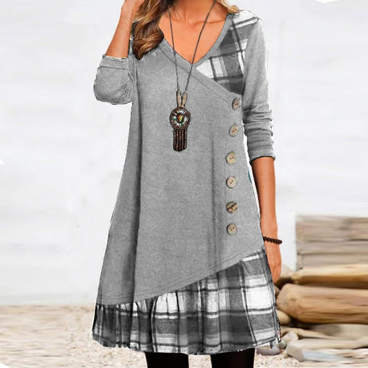 vmtvr - Fashion Long Sleeve V Neck Midi Dress Autumn Ladies Button Splicing Loose Dress New Vintage Geometric Puzzle Print A-line Dress