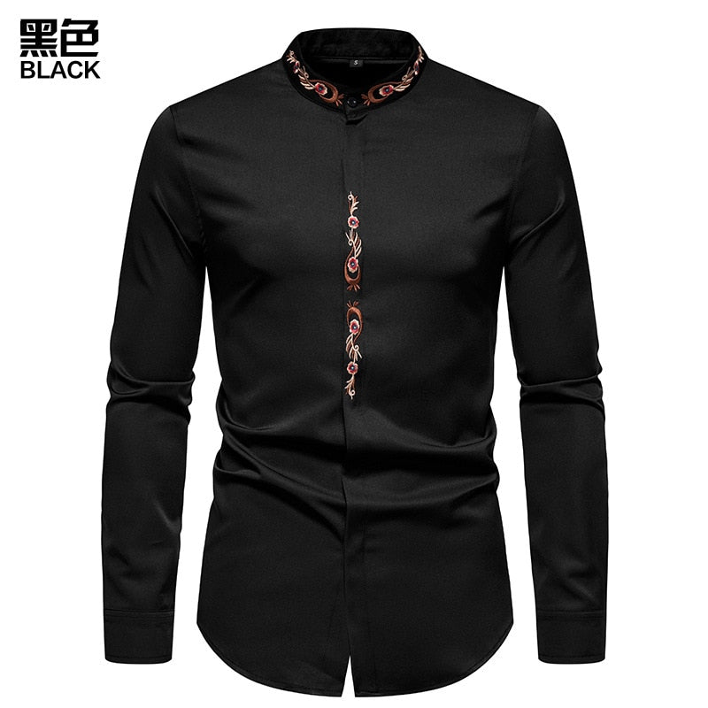 jiaabc Men Spring Autumn Shirt Social Henley Dress Shirt Fashion Long Sleeve Formal Embroidery Tops Clothing Casual camisa masculina