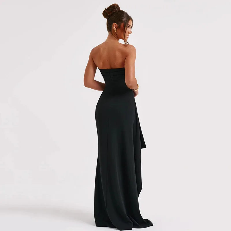 vmtvr Off Shoulder Elegant High Rise Split Maxi Dress Club Outfits for Women Sexy Strapless Evening Dresses Ruched Gown