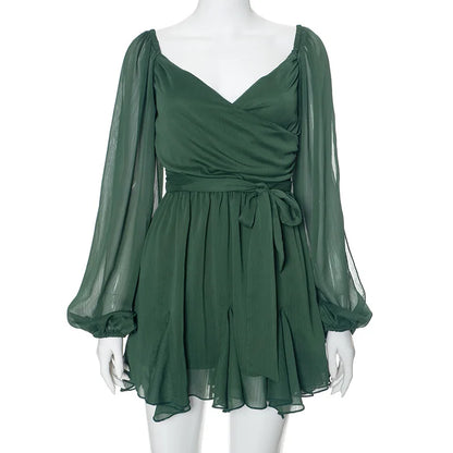 vmtvr  -  Green Chiffon Mini Dress Women Elegant Long Sleeve Holiday Beach Dresses Summer Sexy Backless Club Birthday Party Dress