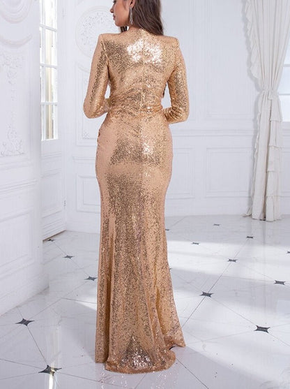 vmtvr - Formal Dinner V Neck Long Sleeve Gold Stretch Sequin Evening Party Dress Split Full Lining Pad Shoulder Prom Gown Winter Women