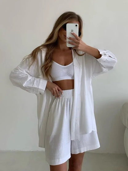 vmtvr Summer Women's Suit Shirt and Short Sets Solid Color Casual Cotton and Linen Blouse and Shorts Two Piece Sets Women Outfit 2024