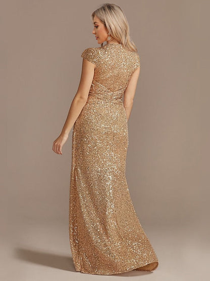 vmtvr New Luxury Champagne V-Neck Sequin Evening Dress Women Party Maxi Dress Beading Gowns Long Prom Cocktail Dresses