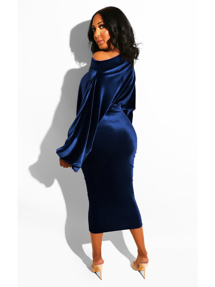 vmtvr - Autumn Elegant Velvet Evening Dress Women Sexy One Off Shoulder Long Sleeve Bodycon Party Midi Dress 2022 Winter Clothes