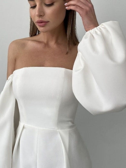 White Party Dress Women Puff Sleeve Slash Neck Straight Female Clothing 2023 High Waist Midi Length For New Year