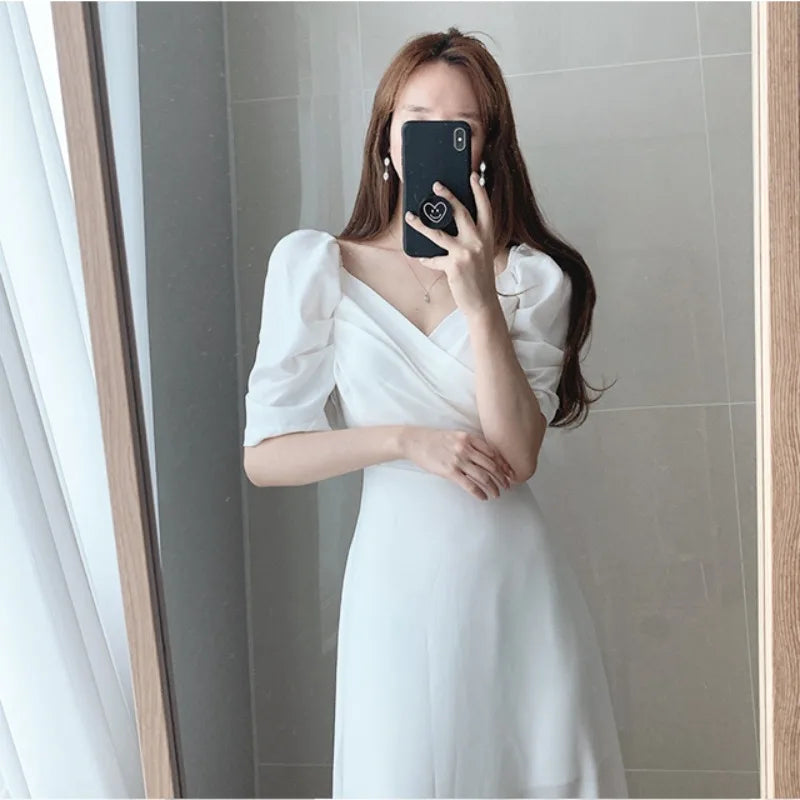 vmtvr  -  Vintage V-neck Slim Chiffon Women Dress Elegant Puff- Sleeve White Ladies Dresses Summer Party Pink Midi Dresses Vestidos