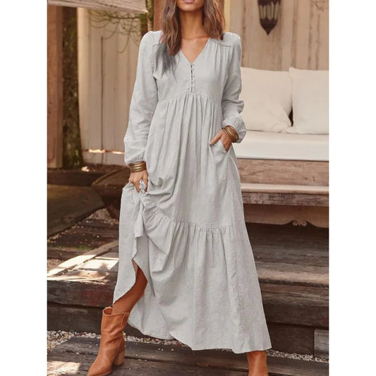 vmtvr  -  Autumn and Winter Women's Clothing V-Neck Button Cotton Linen Retro Casual Long Sleeves Large Swing Long Dresses