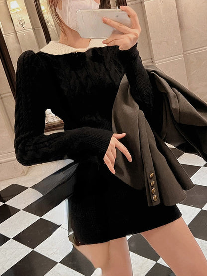 vmtvr - Autumn Korean Suit Sexy Bodycon Mini Skirt + Long Sleeve Solid Short Sweater Woman Knitted 2 Piece Dress Set Retro Casual