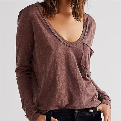 -Fall Outfits Long Sleeve Top  Women Loose Causal T-Shirts Tops Deep V Neck Long Sleeve Summer Autumn Solid Color Basic Tees with Pocket Streetwear