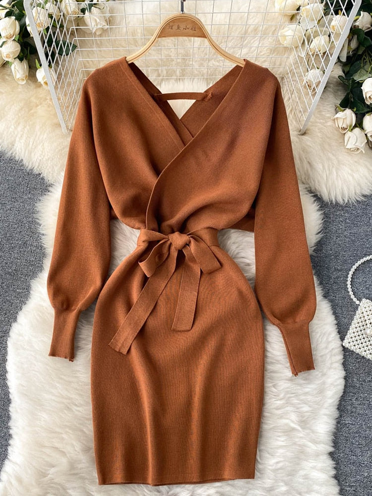 YuooMuoo Fashion Y2K Casual Vestidos Women Dress Autumn Winter Bodycon Knitted Sweater Dress Elegant  Office Ladies Dress