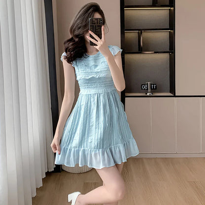 2024 New Summer Blue Chiffon Holiday Dress Fashion Sweet Women O Neck Short Sleeve Ruffles Fold Slim Waist Party Midi Clothes