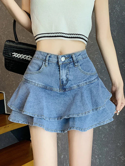 vmtvr Sexy Ruffles Women Denim Ball Gown Skirt High Waist Preppy Style Korean A Line Mini Skirts Summer Fashion Design Skirt New