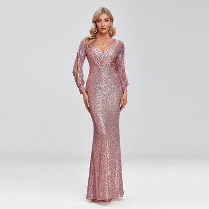 New Women Elegant V-neck Mermaid Evening Dress Floor Length Formal Prom Party Gown Sequins Long Sleeve Galadress Vestidos